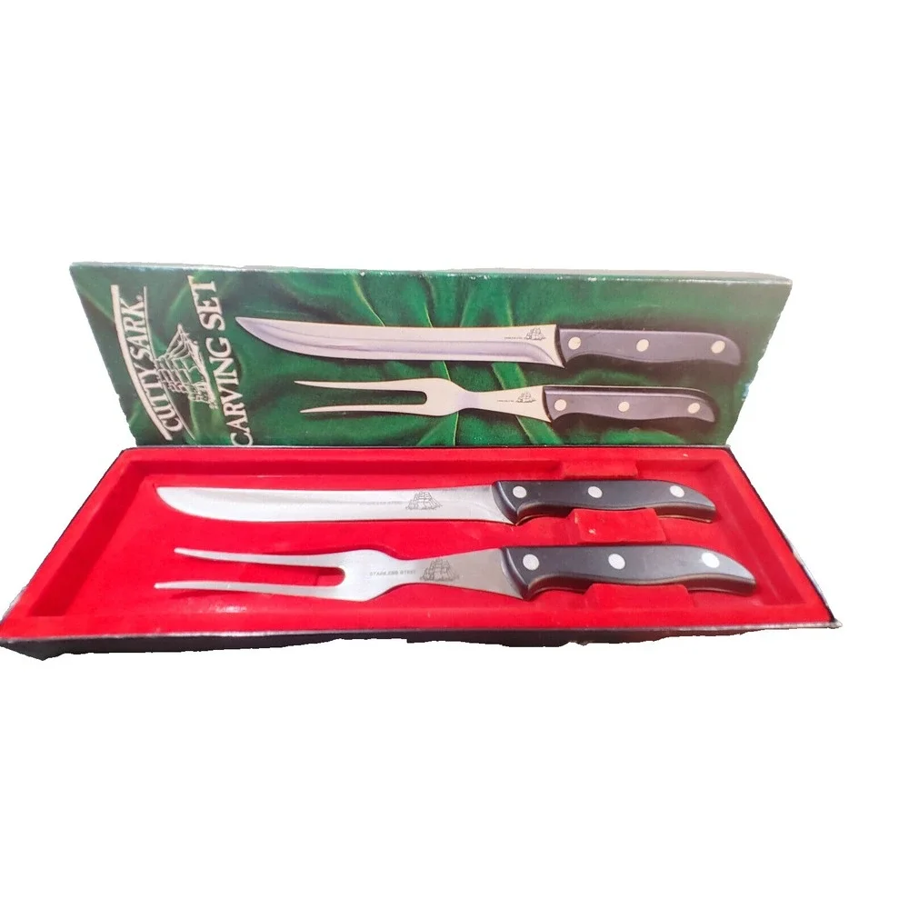 Cutty Sark Carving Fork Knife Kitchen 2 Piece Set Black Handle Forged